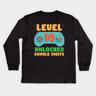 Level 10 Unlocked Double Digits Tee 10th Birthday Gift For Gamer 10 Year Old Gaming Birthday Custom Gamer Name Tee copy Kids Long Sleeve T-Shirt